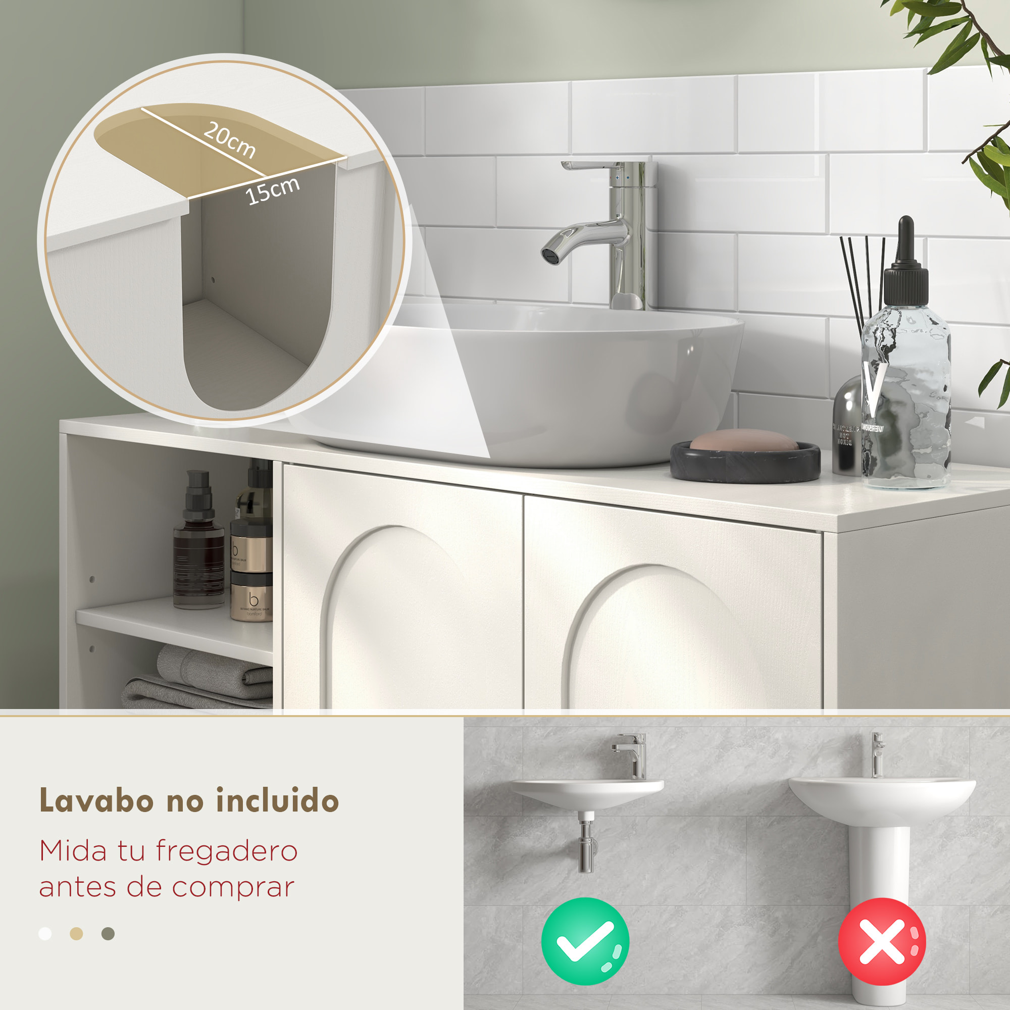 Mueble bajo Lavabo Mueble de Lavabo con Pie Mueble de Baño Moderno con 2 Puertas y Estantes Ajustables 90x30x63 cm Crema