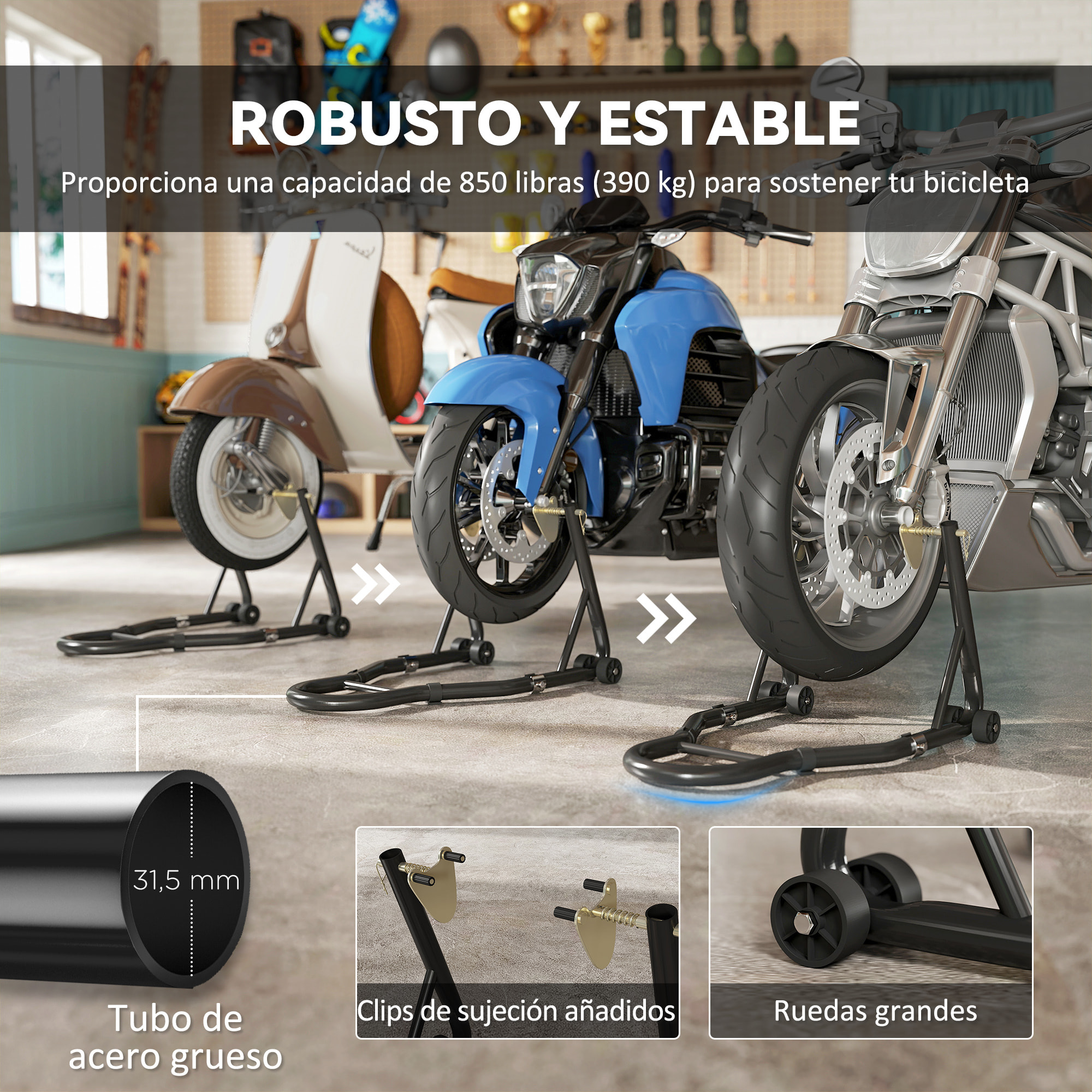 Caballete de Moto, Carga 390 kg, Soporte Delantero y Trasero Universal, Elevador de Moto de Acero con Horquillas Ajustables en U+L, Ruedas y Clips de Sujeción, Negro