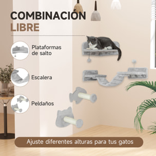 Juego de Estanterías para Gatos de 4 Piezas Rascador de Pared para Gatos con 2 Postes de Sisal Plataforma Doble con Escalera Suave y 1 Plataforma para Saltar Beige