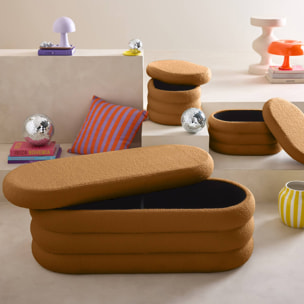 Banc coffre en bouclettes rouille avec 2 poufs ovales de rangement intégrés - L111cm