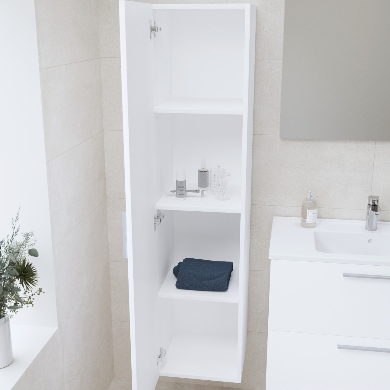 Set Mia ensemble meuble 59x61x39,5cm avec miroir, lavabo, éclairage LED + armoire 145x35x35cm, Blanc brillant