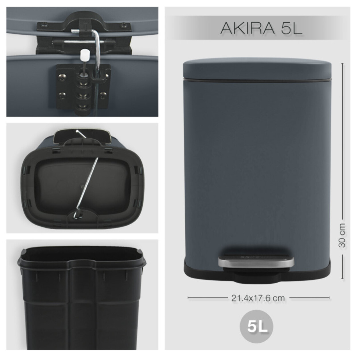 Set Poubelle à  pédale 5L & Brosse Wc AKIRA Gris Foncé mat Spirella