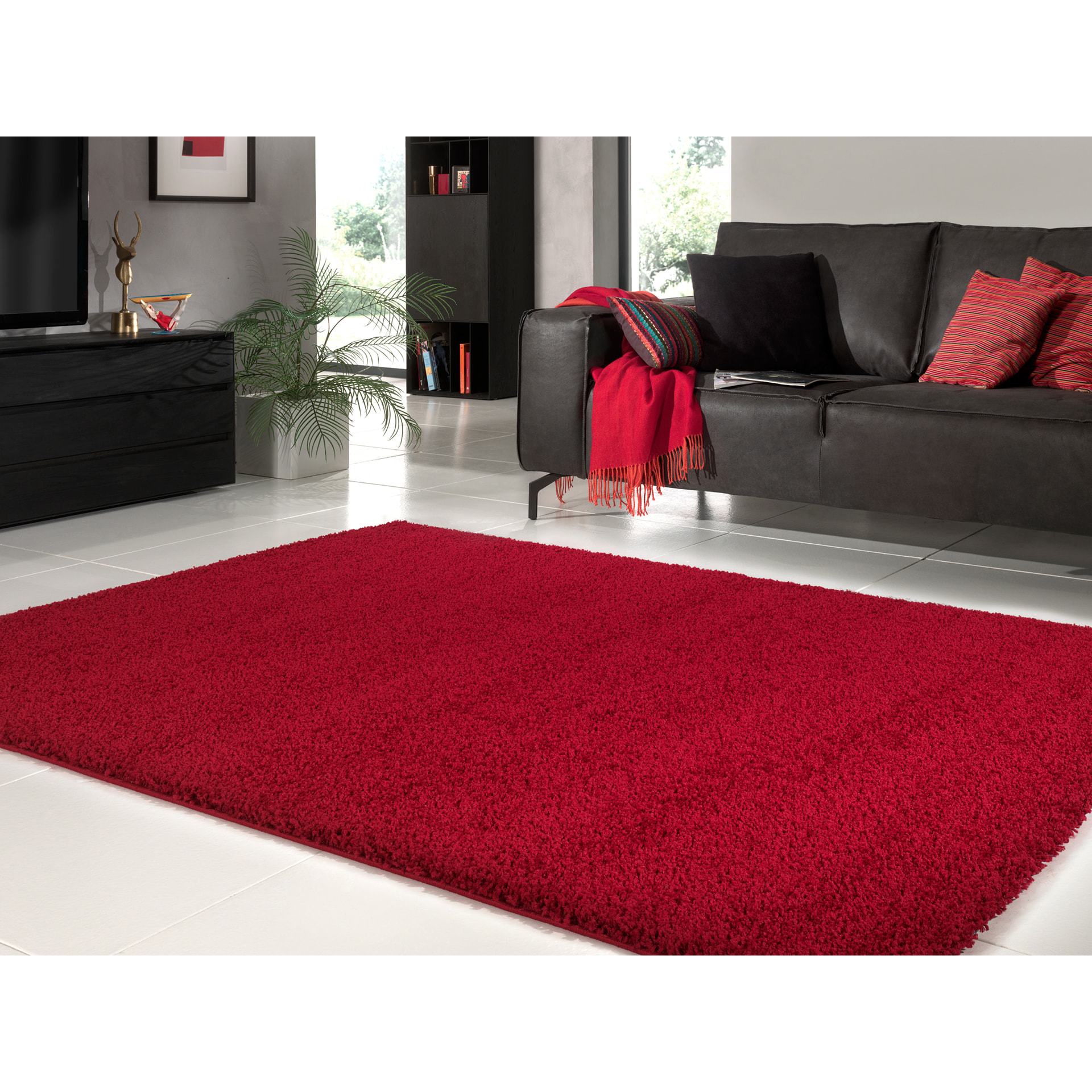 SHAGGY UNI - Tapis shaggy à poils longs, motif uni rouge