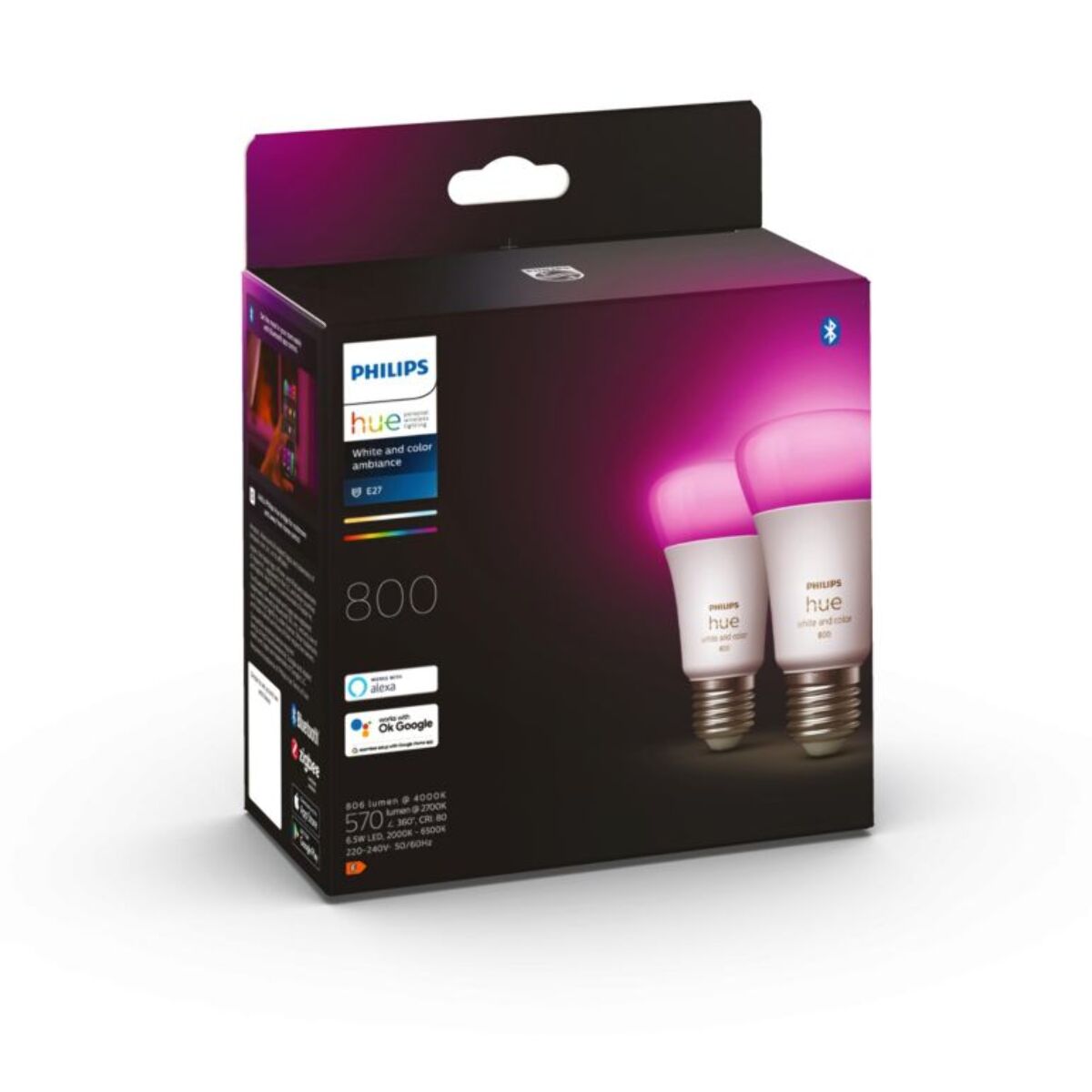 Ampoule LED connectée PHILIPS HUE W&C E27 60W x2