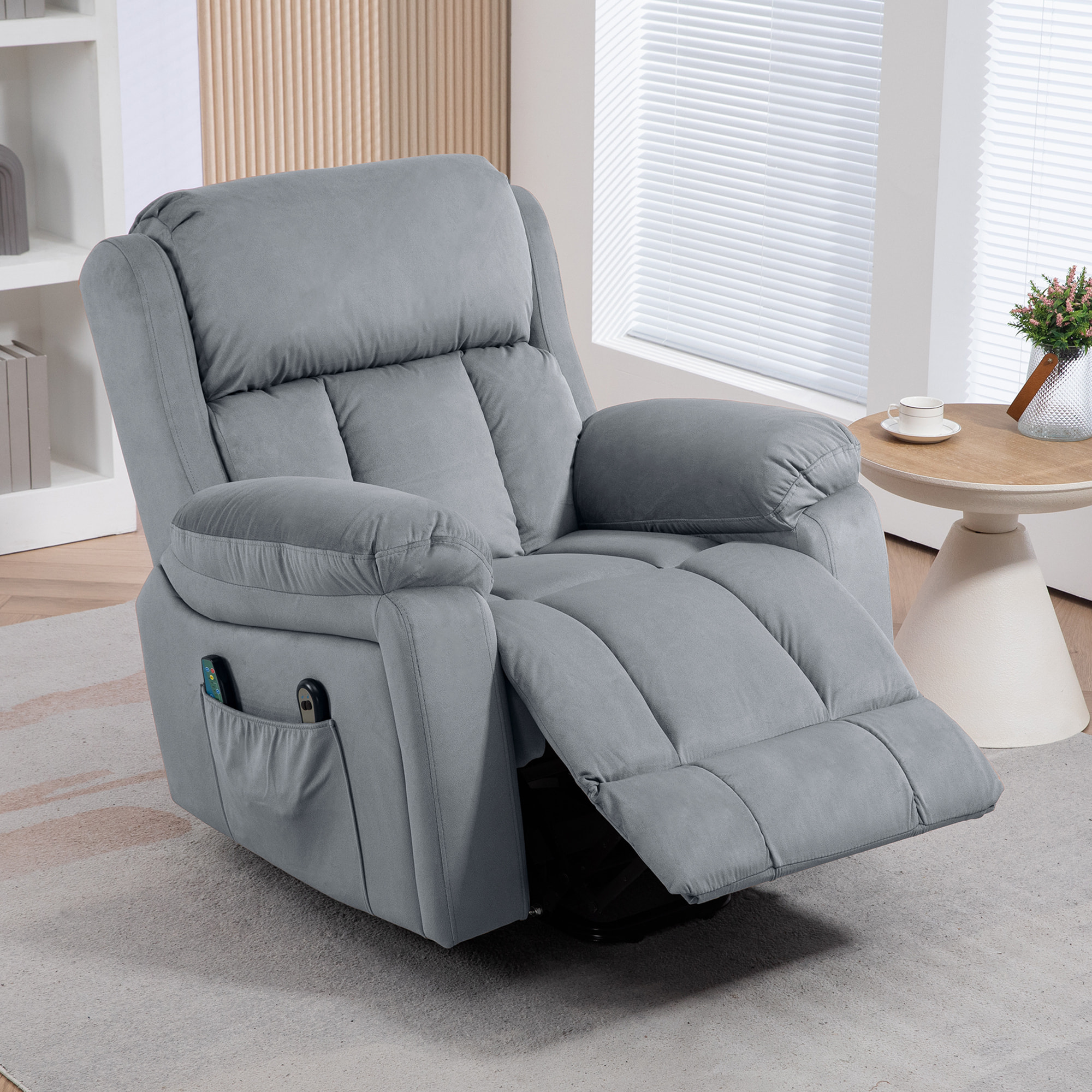 Sillón Relax Reclinable Eléctrico Levanta Personas, Sillón Elevador, con 8 Puntos de Masaje, Calefacción Lumbar, Control Remoto, Reposapiés, Tapizado en Cuero Sintético, Bolsillo Lateral, Gris