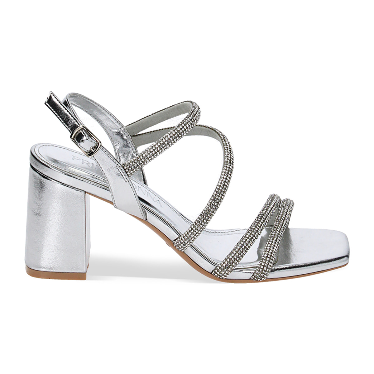 Sandali argento in laminato con pietre, tacco 7,7 cm