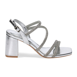 Sandali argento in laminato con pietre, tacco 7,7 cm