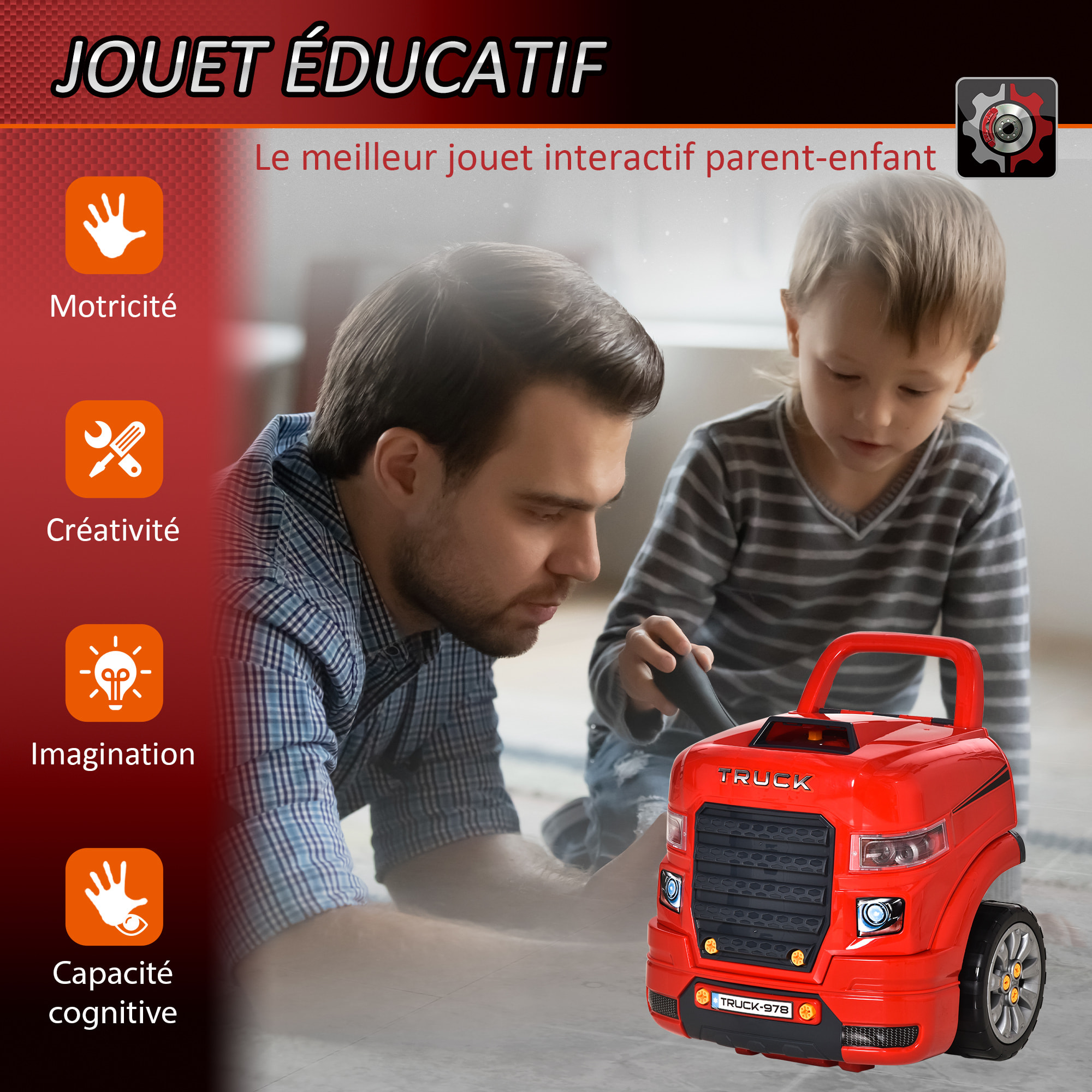 Camion mécano 2 en 1 - jouet bricolage enfant - jeu d'imitation mécanicien - nombreux accessoires total de 61 pièces - effets sonores et lumineux - PP ABS rouge