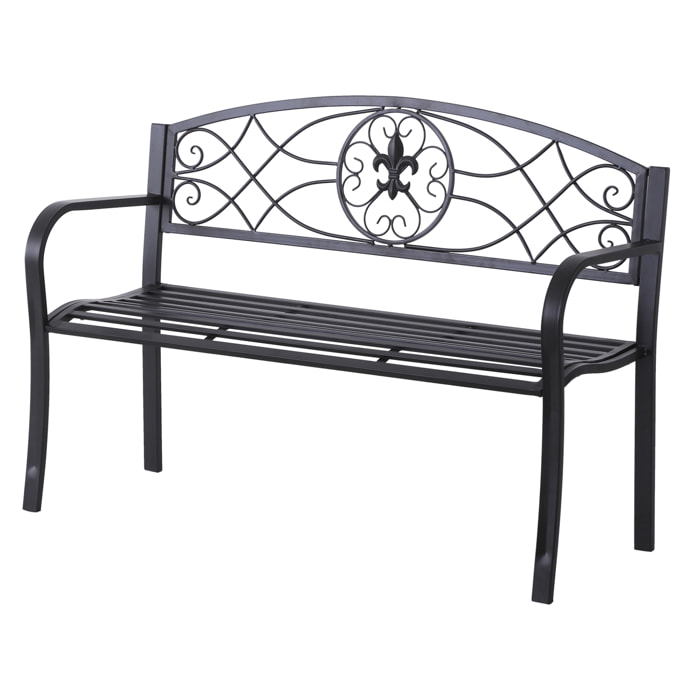 Banc de jardin 2 places style néo-rétro fer forgé motif fleurs de lys dim. 128L x 50l x 91H cm métal époxy noir