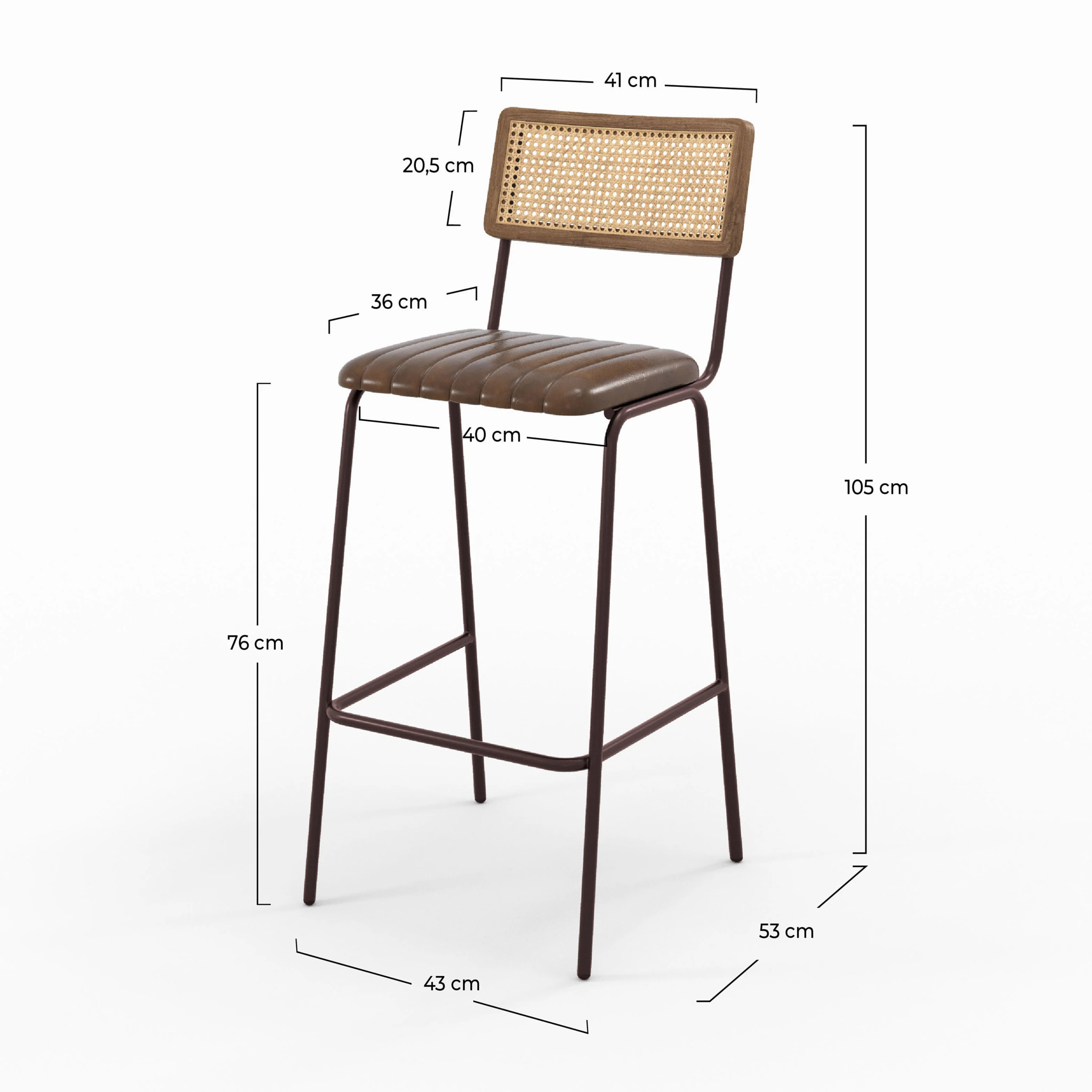 Lot de 2 chaises de bar 76 cm en cannage et cuir marron - Arsène