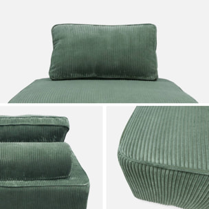 Chauffeuse  pour canapé modulable velours côtelé vert avec un coussin