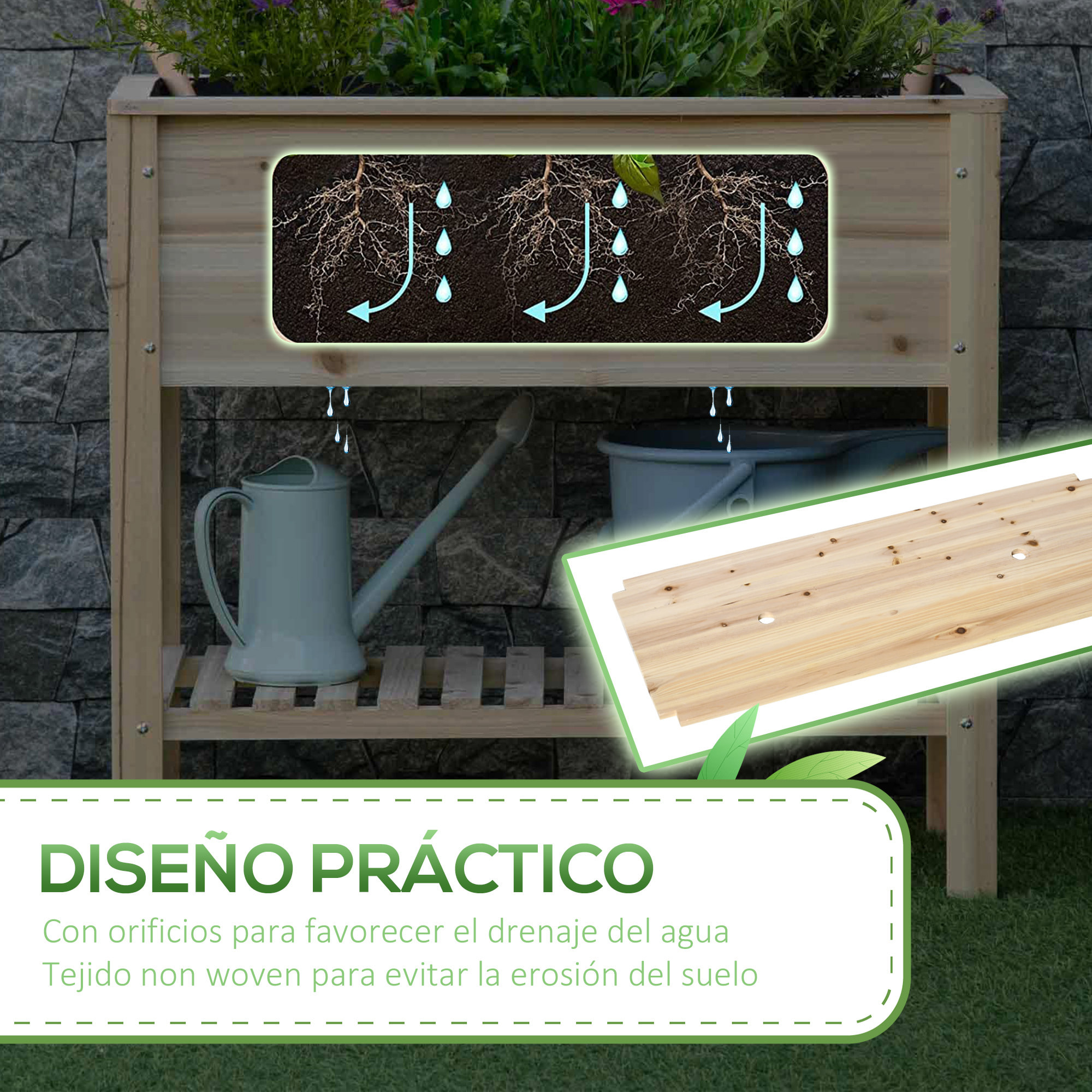 Outsunny Huerto Urbano Elevado con Estante Mesa Jardinera de Cultivo de Madera con Tela no Tejida para Cultivos Plantas Flores Jardín 90x40x81 cm Natural