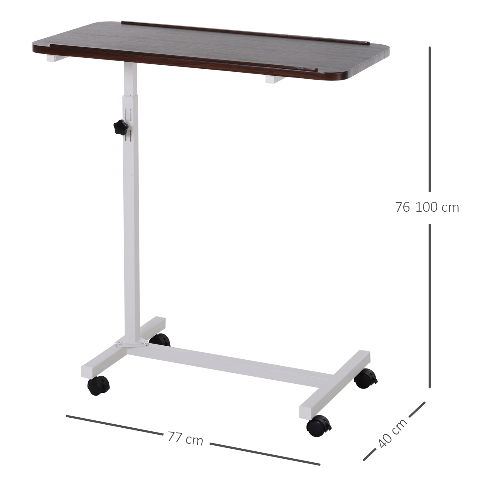 Mesa Auxiliar con Ruedas, Mesa para Sofá y Cama, Altura Ajustable y Marco de Acero, para Dormitorio, Salón, Oficina, 77x40x76-100 cm, Nogal Oscuro y Blanco