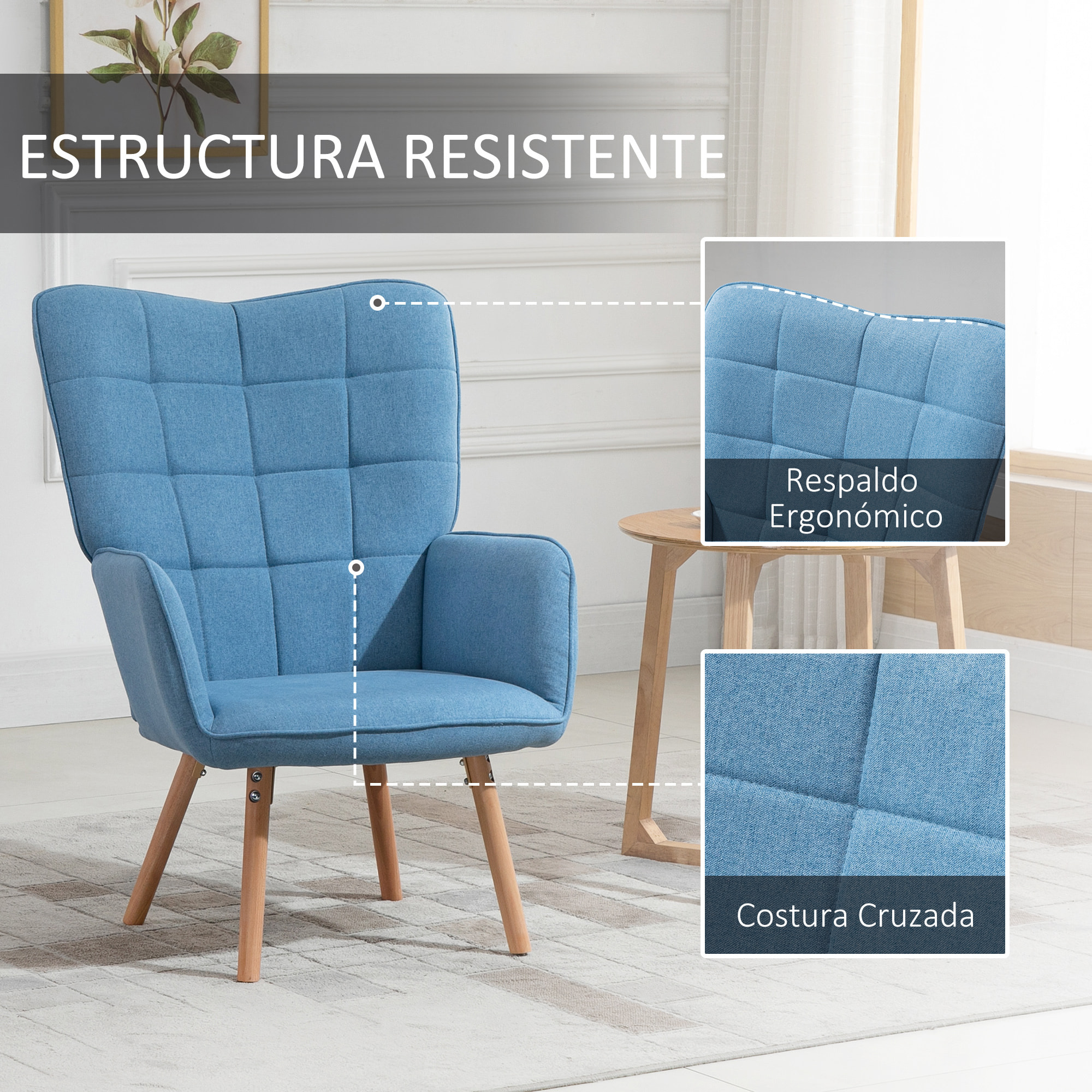 Butaca de Salón Moderna Sillón con Respaldo Alto Reposabrazos Tela de Lino y Patas de Madera de Haya para Comedor Cocina 71x76x101 cm Azul