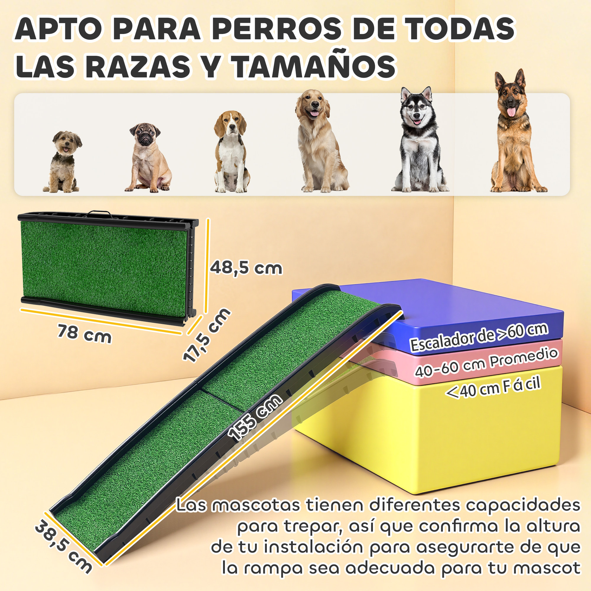 Rampa para Perros con Césped Artificial, 155 cm, Rampa para Perros para Coche Plegable con Asa, Ángulo Ajustable, Antideslizante, para Todas las Razas, para Cama, Sofá, Verde