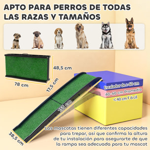 Rampa para Perros con Césped Artificial, 155 cm, Rampa para Perros para Coche Plegable con Asa, Ángulo Ajustable, Antideslizante, para Todas las Razas, para Cama, Sofá, Verde