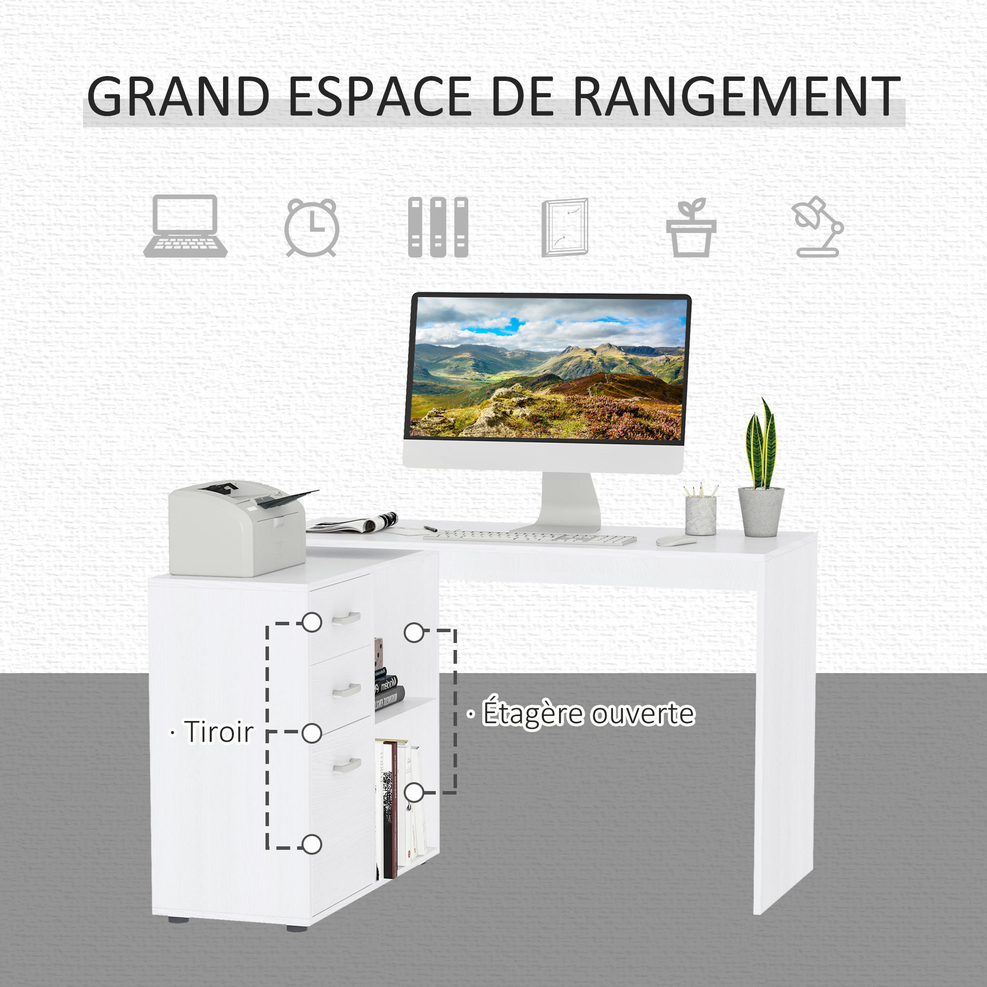 Bureau d'angle bureau droit modulable 2 en 1 bureau informatique tiroirs x 3 + 2 niches MDF blanc