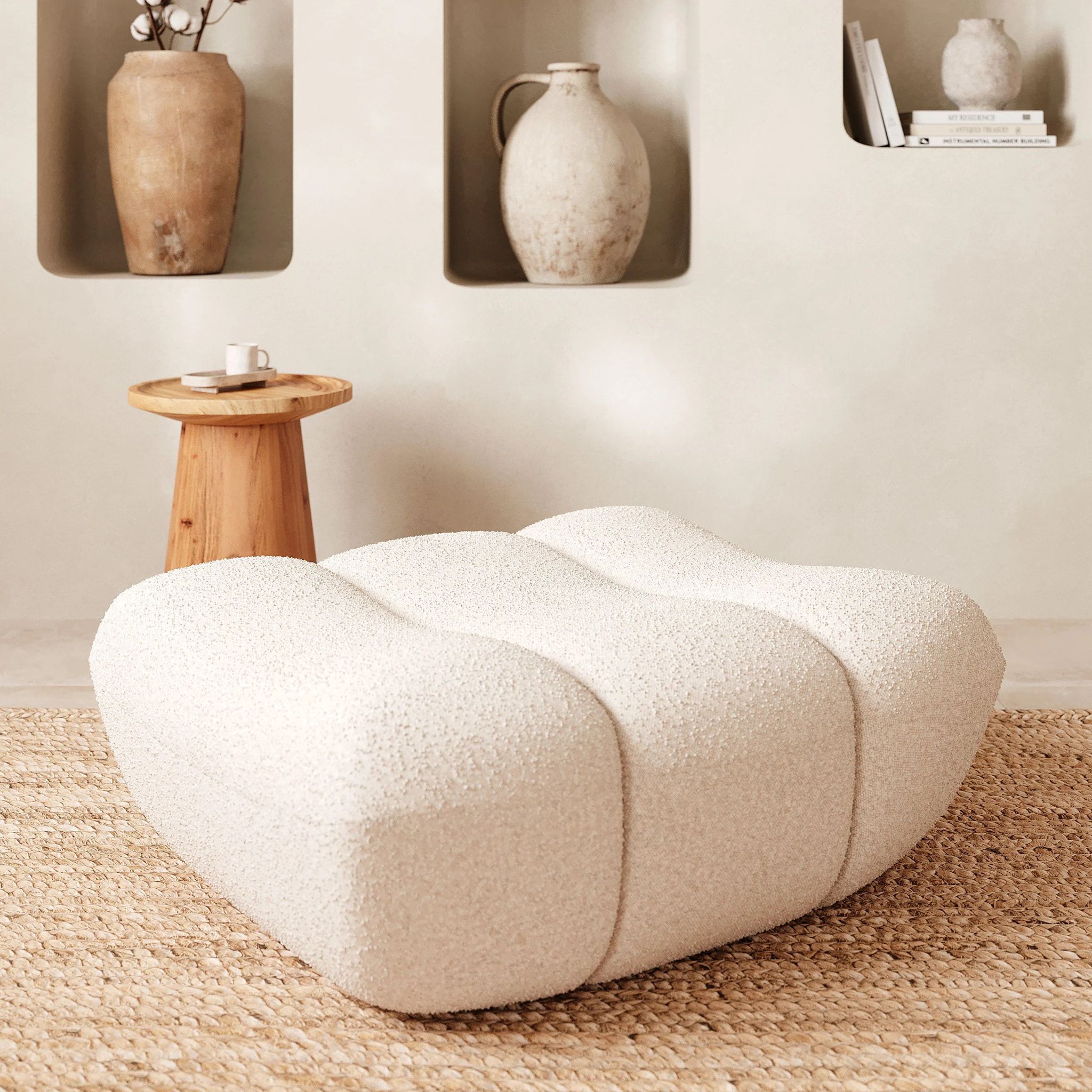 Pouf repose-pieds en tissu bouclé blanc - Teddy