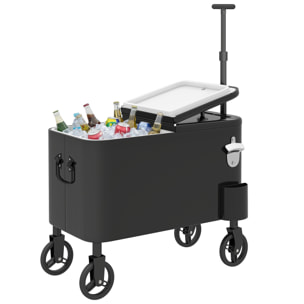 Carrito Nevera de 56L con Ruedas, Carro de Bebidas con Mango Ajustable, Abrebotellas, Recogetapas, Drenaje y Asa, Mesa Nevera Jardín Exterior para Patio, Fiesta, BBQ, 75x35x120 cm, Negro