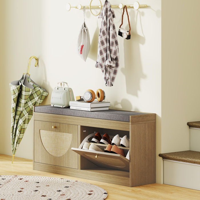 Banco Zapatero, Banco Recibidor Bohemio, con Asiento Acolchado, Puertas Frentes de Ratán, Estante Ajustable, para 8 Pares de Zapatos, para Entrada, 105x35x47 cm, Natural