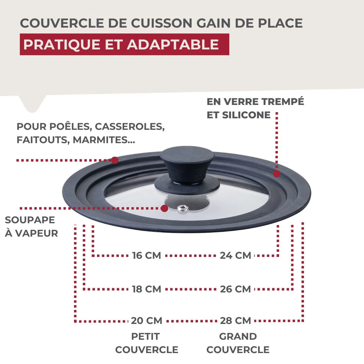 Set de 2 couvercles de cuisson 16/20 cm et 24/28 cm en verre et silicone Fackelmann Divers