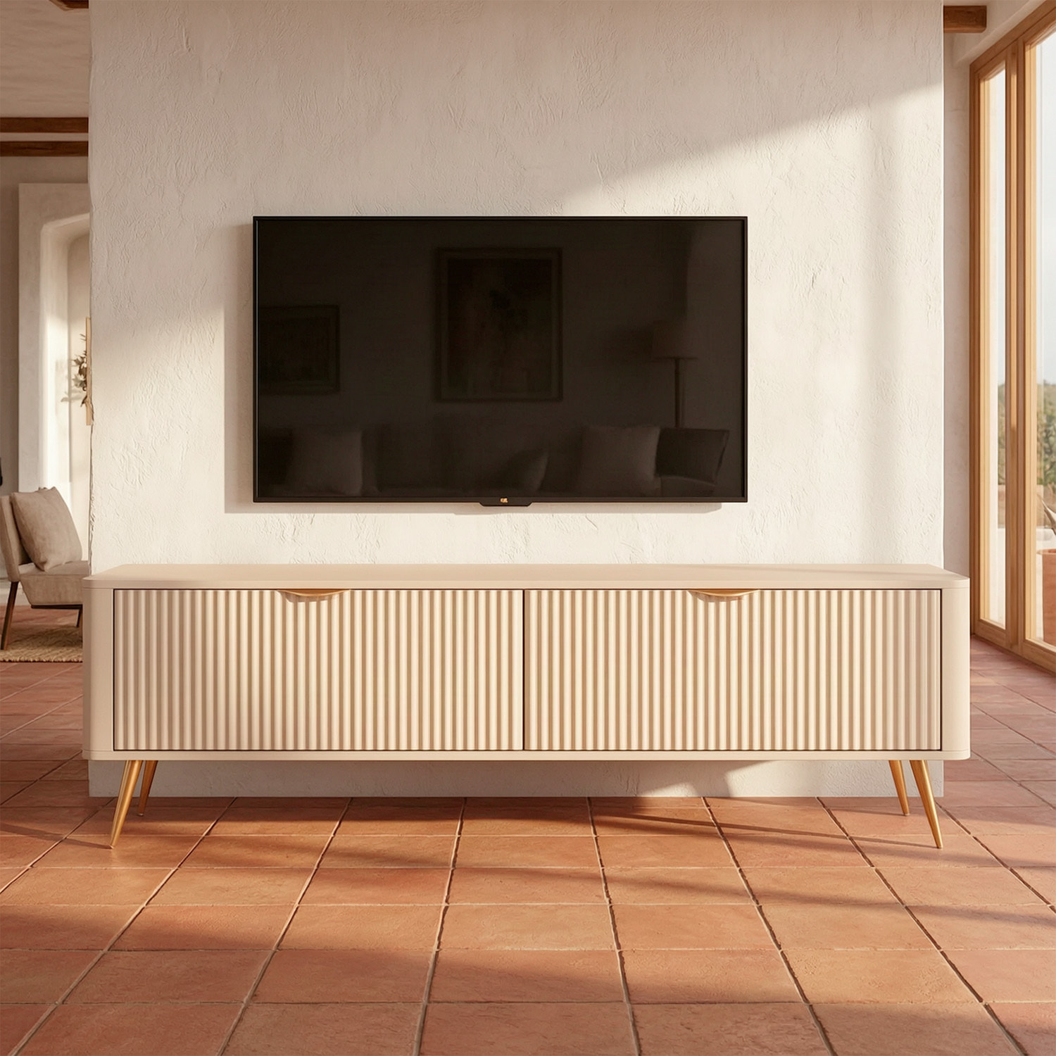 Mobile Porta TV Moderno Con Ante Cannettate Mobiletto Con 2 Ante A Ribalta E Vani Contenitore Design Moderno Soggiorno Salotto Living Home Rostock 163.2 x 38 x 51.2 Cm Cashmere