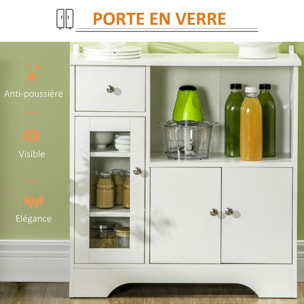 Buffet de cuisine meuble de rangement moderne avec porte en verre, tiroir, grande niche et étagères réglables, 80 x 30 x 82 cm, blanc