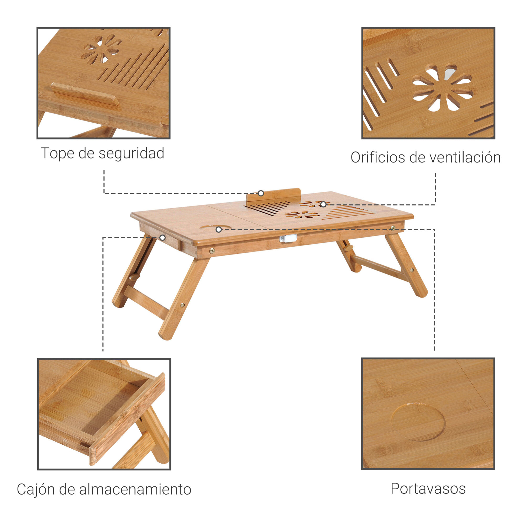 Mesa Plegable de Ordenador Portátil Ajustable de Bambú