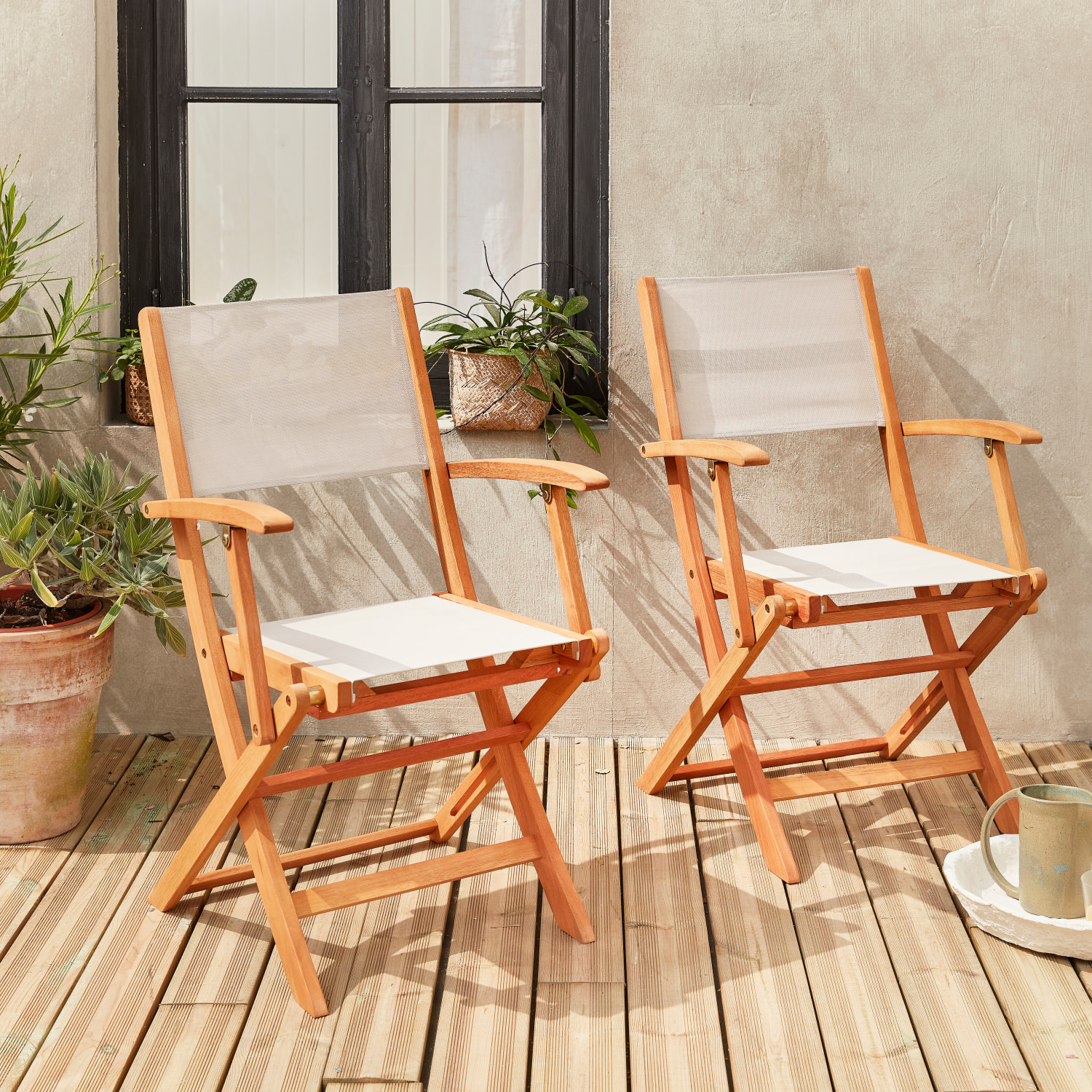 Fauteuils de jardin en bois et textilène - Almeria blanc - 2 fauteuils pliants en bois d'Eucalyptus huilé et textilène