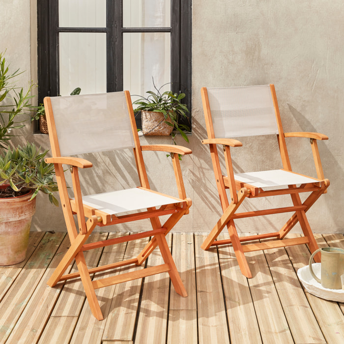 Fauteuils de jardin en bois et textilène - Almeria blanc - 2 fauteuils pliants en bois d'Eucalyptus huilé et textilène
