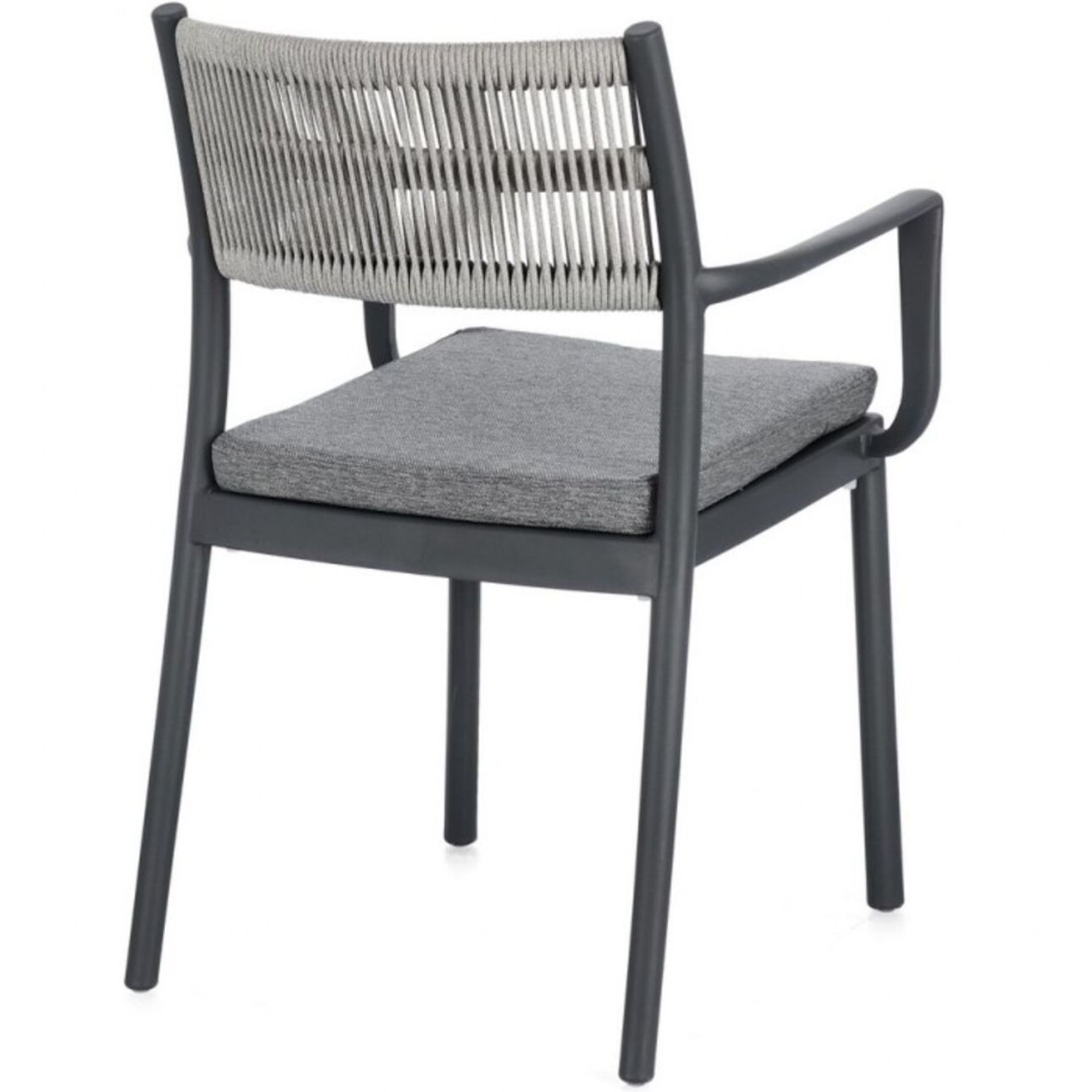 Set di 4 sedie ALVIN in polipropilene antracite e corda intrecciata grigio chiaro, con braccioli