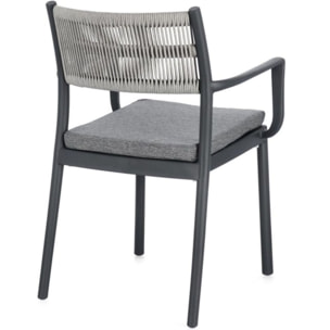 Set di 4 sedie ALVIN in polipropilene antracite e corda intrecciata grigio chiaro, con braccioli