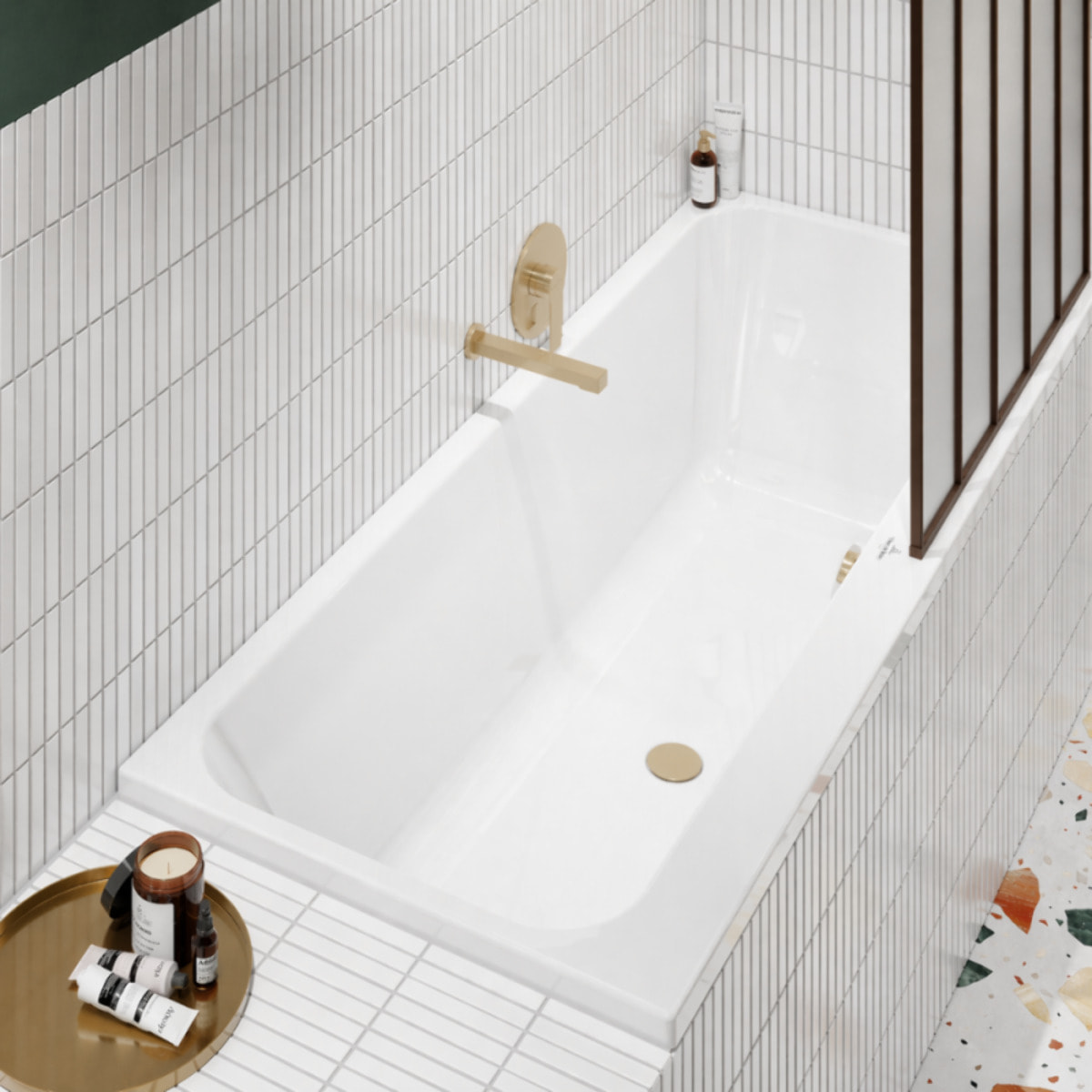 Baignoire droite 150 x 70 VILLEROY & BOCH Architectura + Vidage de baignoire WIRQUIN doré