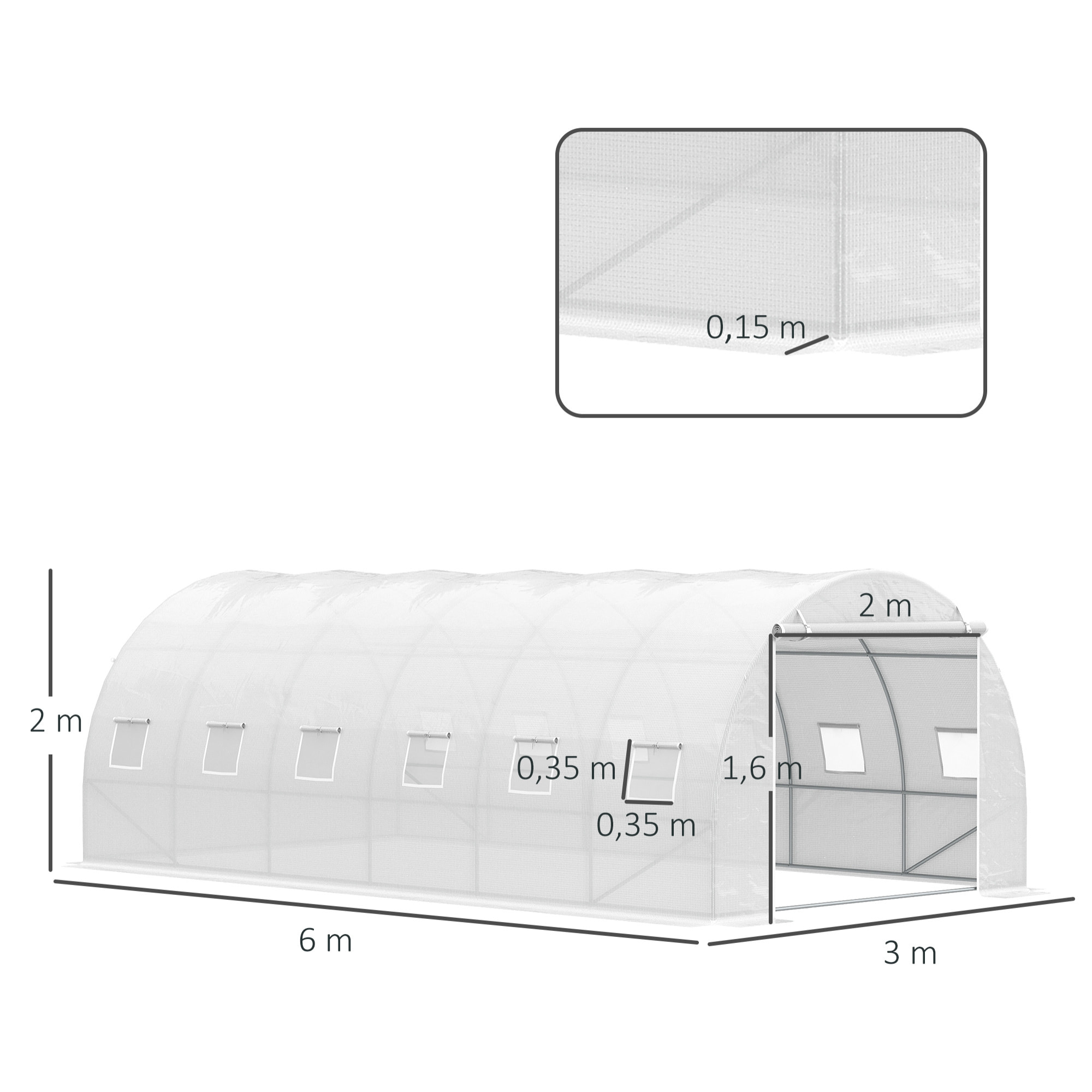 Invernadero de Túnel 6x3x2 m con Puerta Enrollable 12 Ventanas Cubierta de PE 140 g/m² y Metal Galvanizado para Cultivos Plantas Verduras Blanco