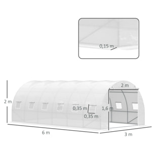 Invernadero de Túnel 6x3x2 m con Puerta Enrollable 12 Ventanas Cubierta de PE 140 g/m² y Metal Galvanizado para Cultivos Plantas Verduras Blanco