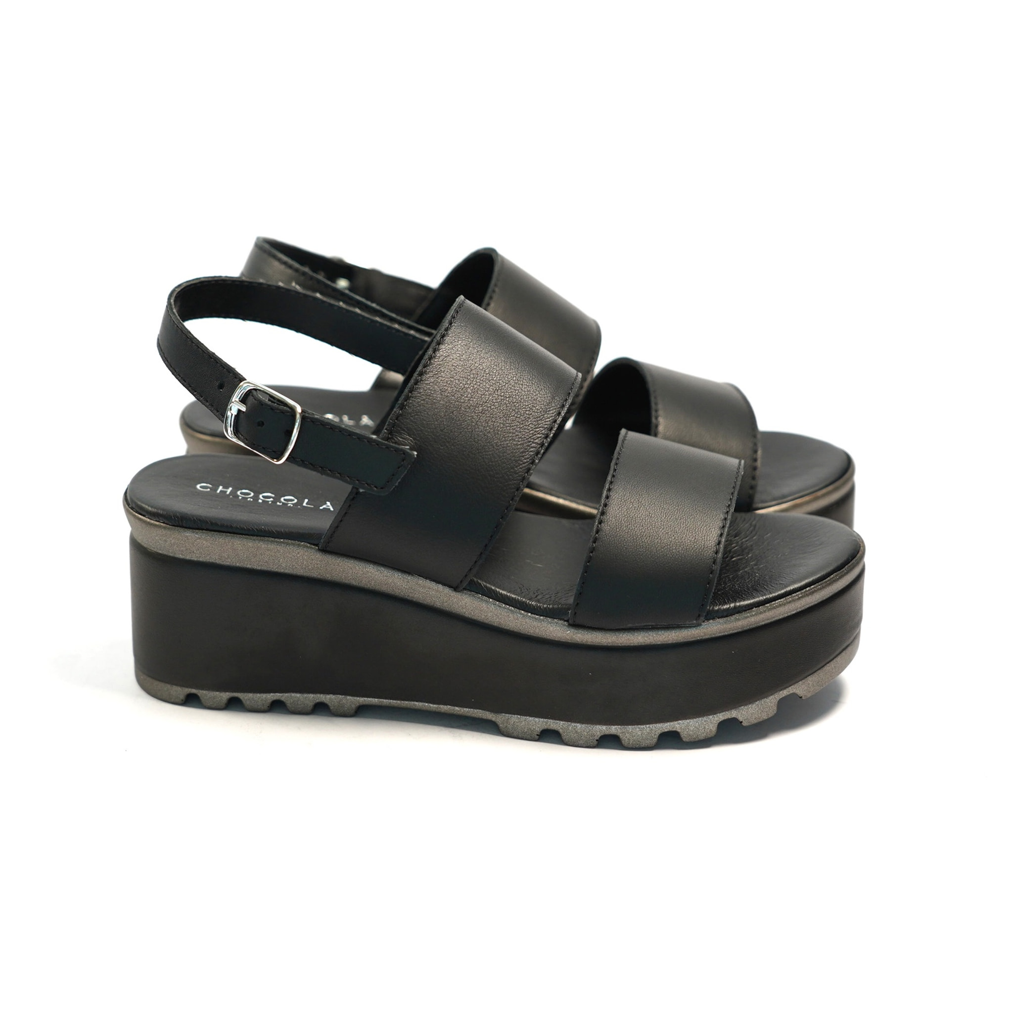 SANDALO DOPPIA FASCIA VERA PELLE NERO