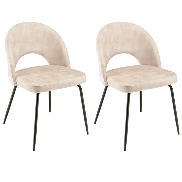 TOM - Lot de 2 chaises velours beige dossier ouvert pieds acier noir