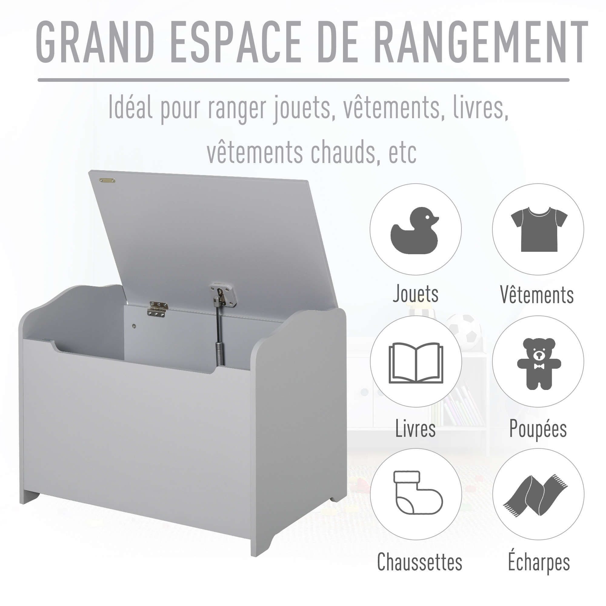 HOMCOM HOMCOM Coffre malle de rangement coffre à jouets dim. 60L x 40l x 48H cm vérin pneumatique MDF gris