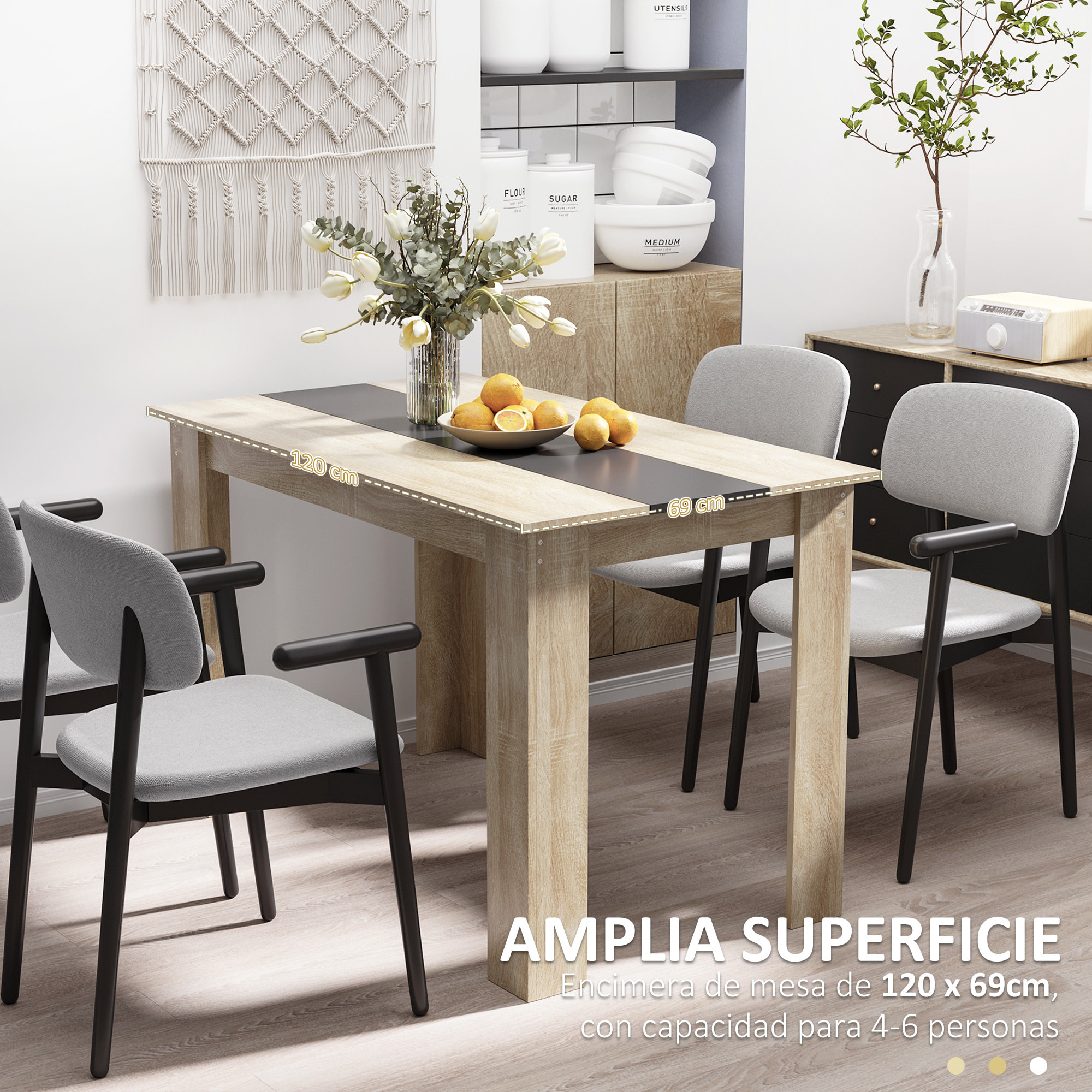 Mesa de Comedor para 4-6 Personas, Mesa de Cocina Rectangular, Estilo Moderno, para Salón, 120x69x75 cm, Roble y Negro