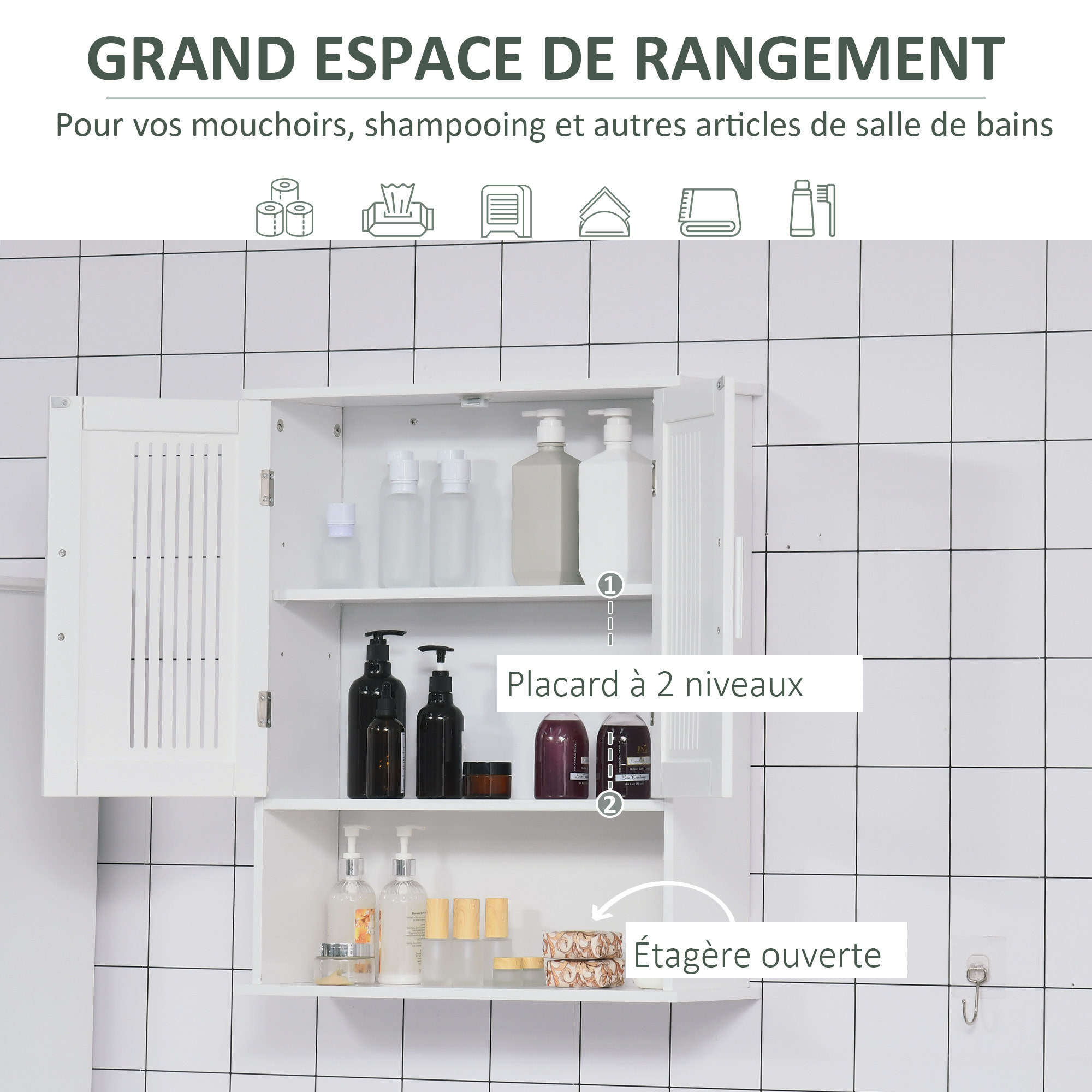 Armoire murale de salle de bain 2 portes - étagère, niche - dim. 60 x 20 x 70 cm - blanc