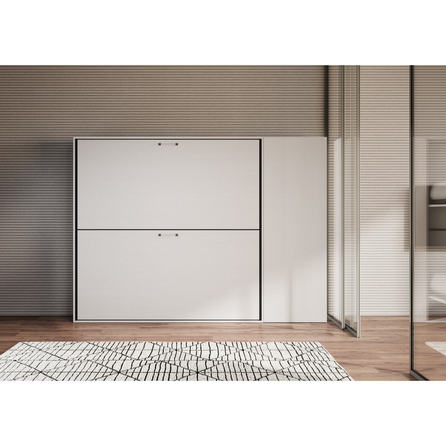 Armoire lit escamotable horizontal superposé 2 couchages 85 Kando avec matelas composition H Frêne Blanc