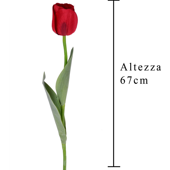 Tulipano Con Foglie. Altezza 67 Cm - Pezzi 12 - 9X67X5cm - Colore: Rosso - Bianchi Dino - Fiori Artificiali