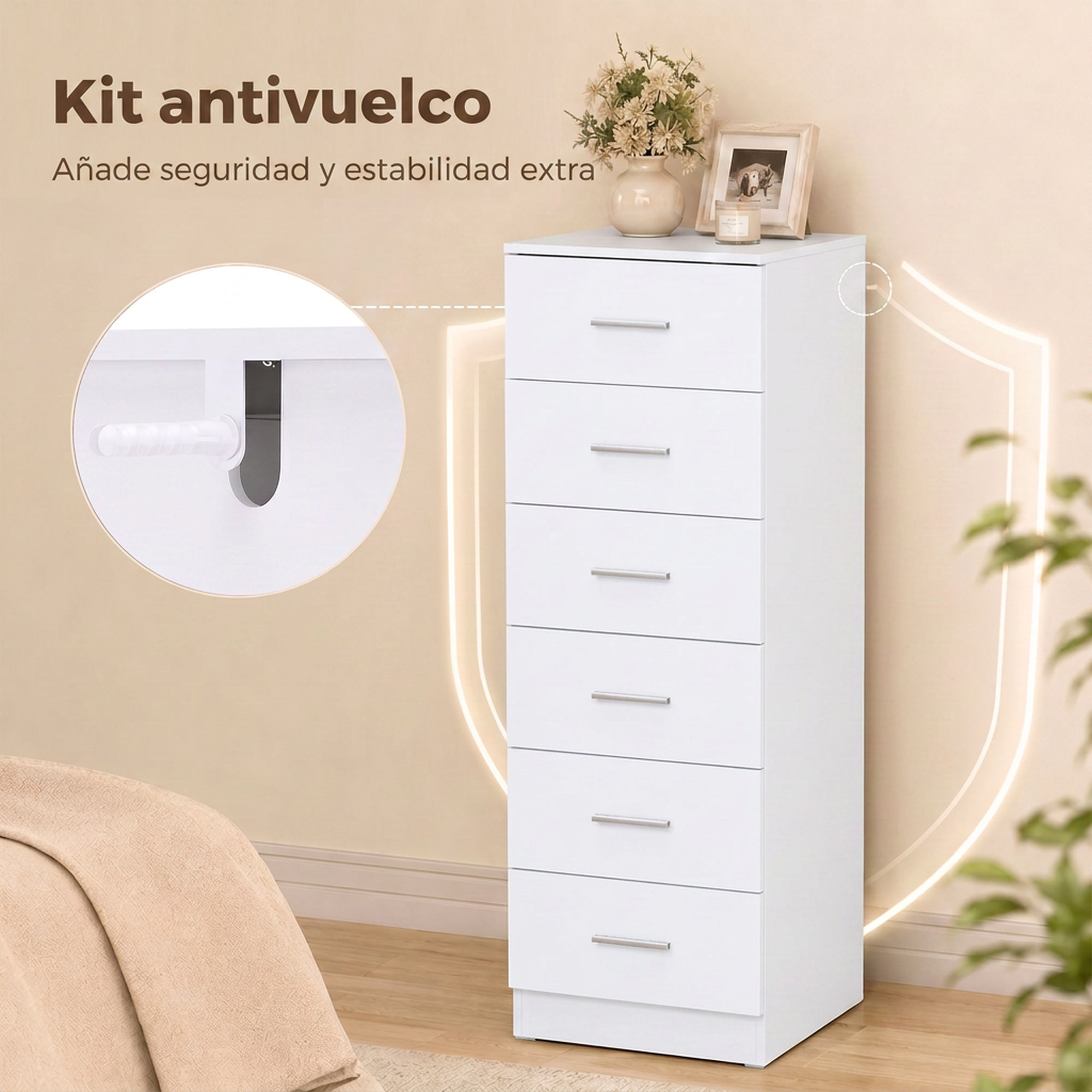 Cómoda de 6 Cajones, Cajonera para Dormitorio Alta y Estrecha, Sinfonier para Salón, Vestidor, Entrada, 40x40x110 cm, Blanco
