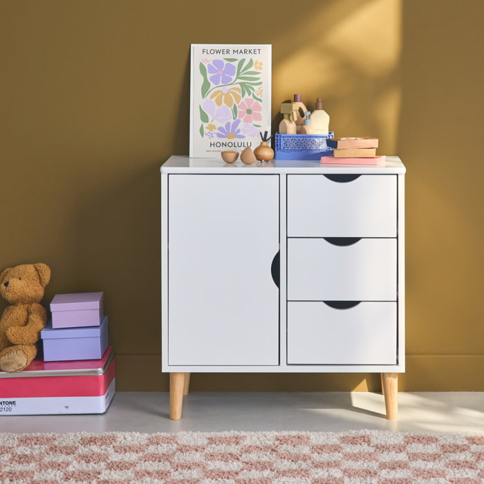 Commode enfant. 1 porte et 3 tiroirs. 2 étagères. blanc. pieds en pin