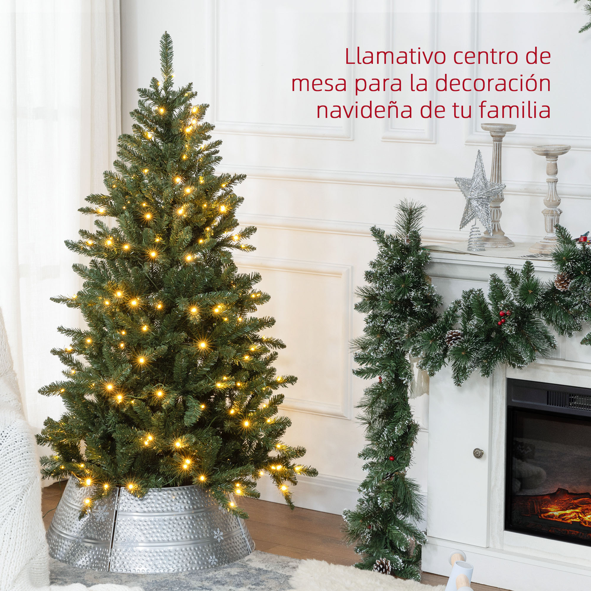 Árbol de Navidad 150 cm Árbol de Navidad Artificial con 220 Luces LED 588 Ramas y Soporte de Metal Árbol Navideño para Salón Interior Verde
