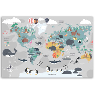 Tableau carte du monde illustrée animaux Toile imprimée
