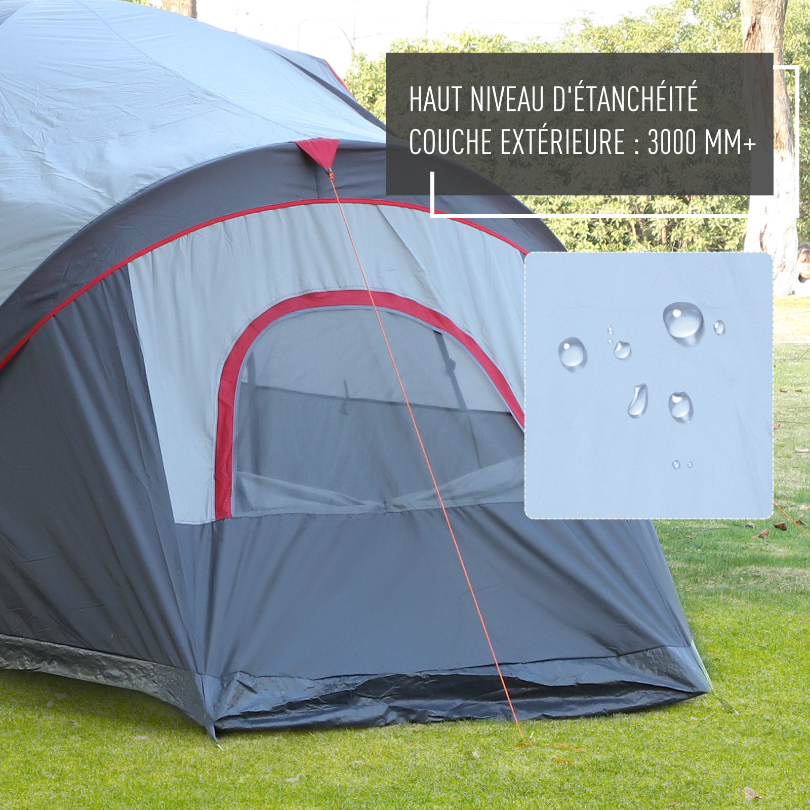 Tente de camping familiale 5-6 pers. - grande porte + 3 fenêtres - fibre verre polyester oxford gris rouge
