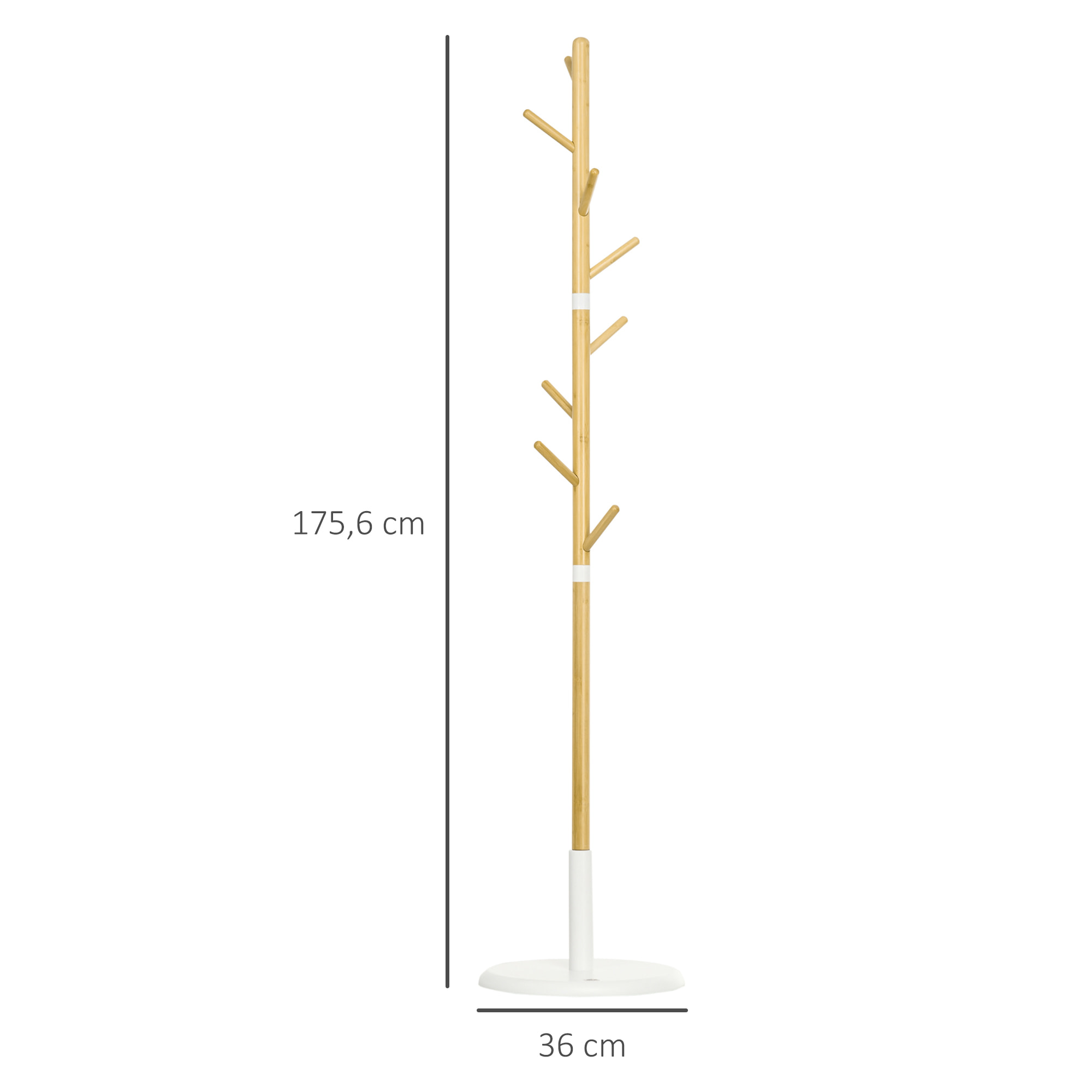 Porte-manteau design scandinave branches 8 patères Ø 37,8 x 175,6H cm piètement métal blanc bois bambou verni