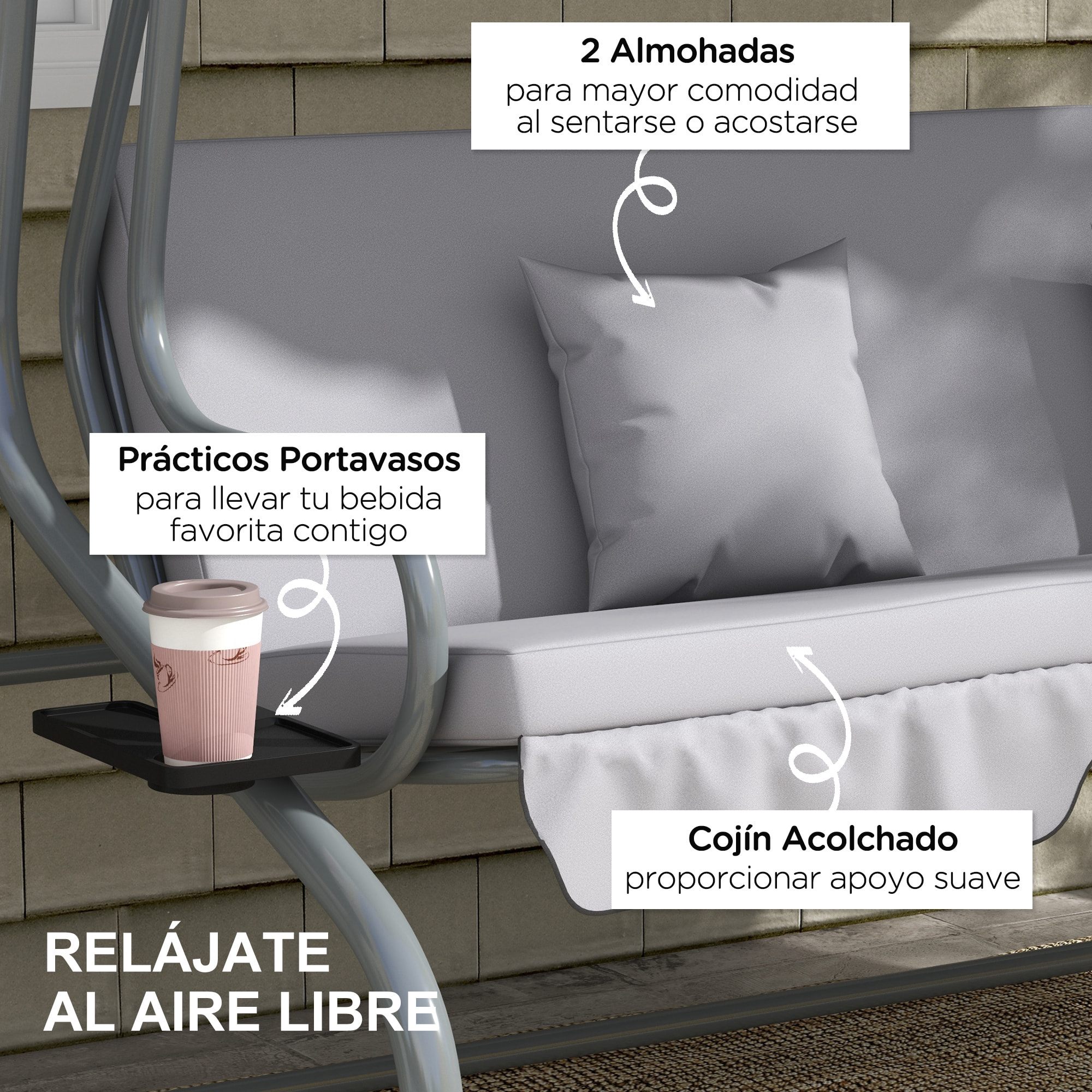 Balancín de Jardín Exterior de 3 Plazas Columpio de Jardín Exterior Convertible en Cama con Toldo Ajustable Soportes Laterales y 2 Almohadas Carga 340 kg 200x120x164 cm Gris