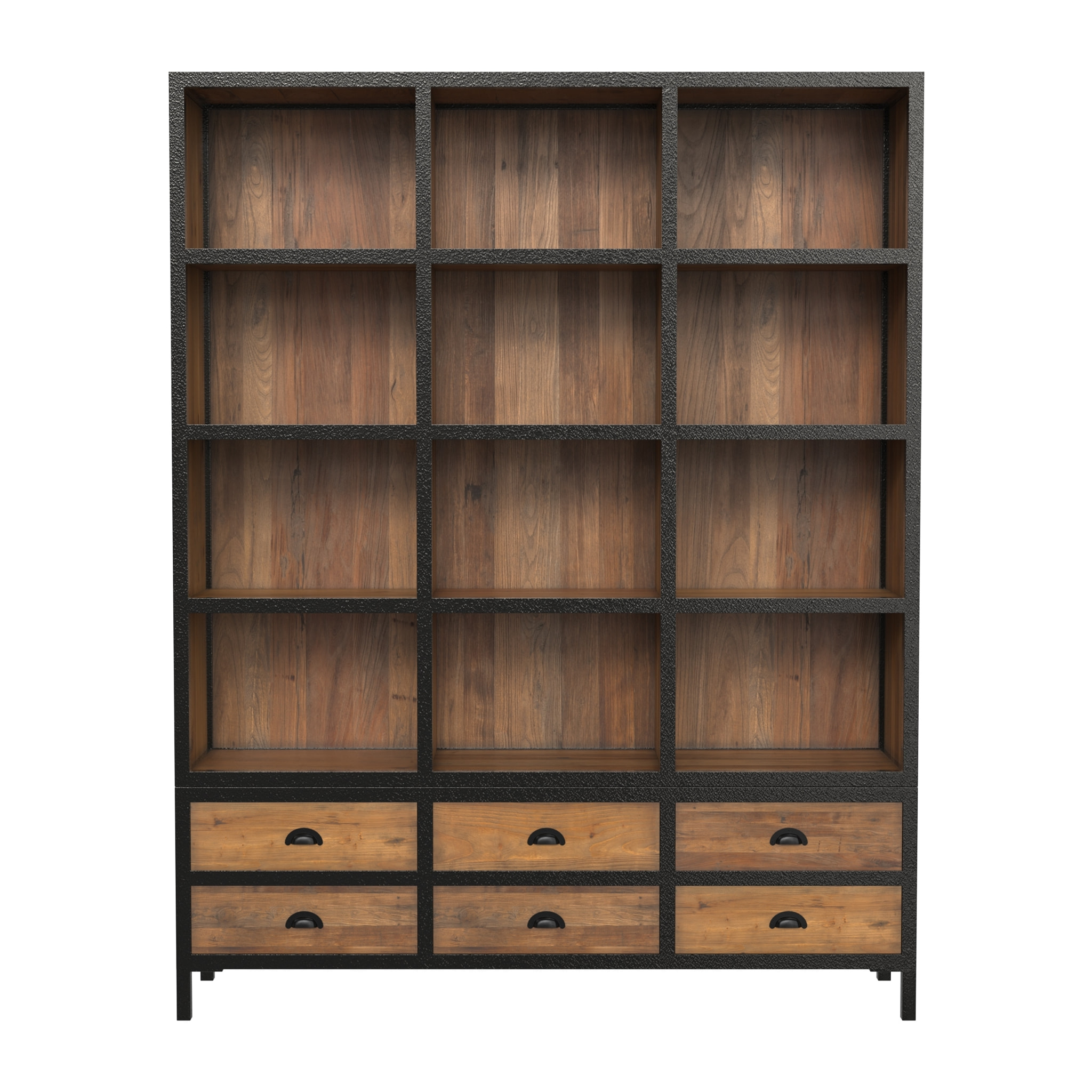 Bibliothèque 6 tiroirs 12 niches en métal et bois de cèdre - Shelby